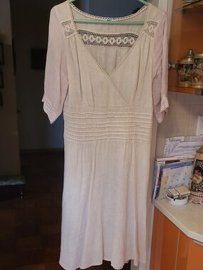 Italian,linen,Boho Lace-Trim Midi Dress in Light Pink